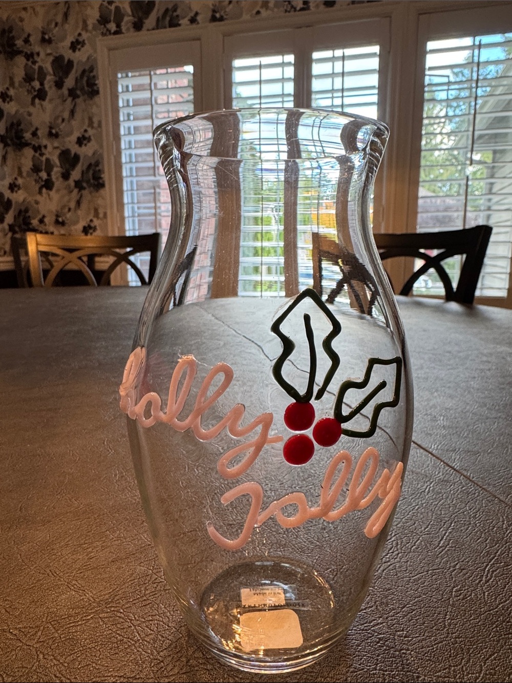 Anthropologie Clear Glass Vase with Red Holly and Pink Script